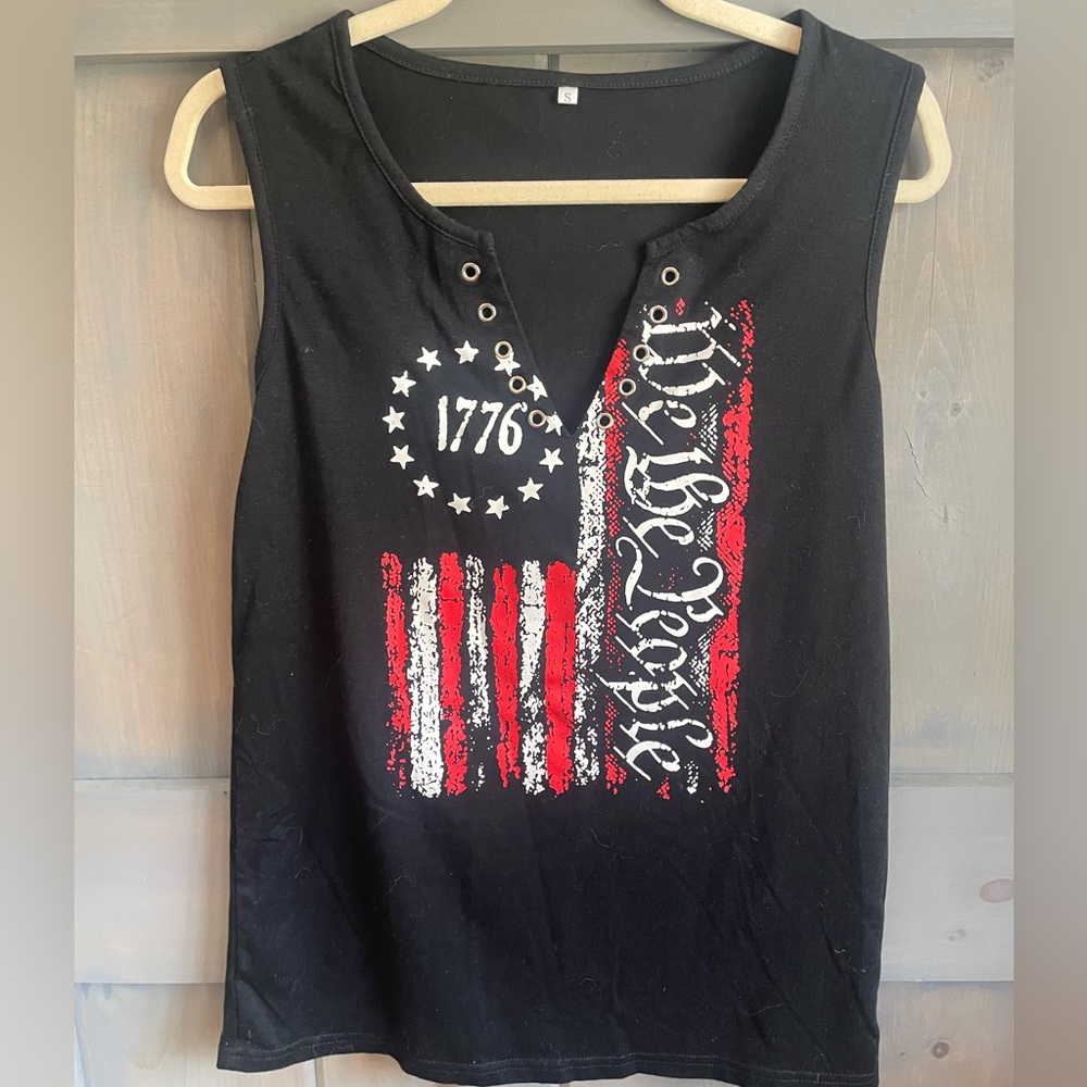 Black Sleeveless Top with Patriotic Print